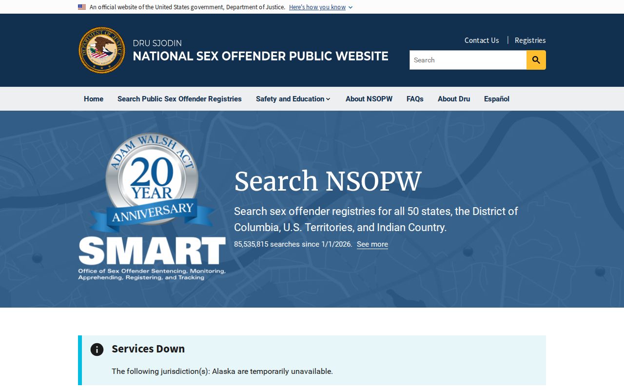 National Sex Offender Public Website search interface used for cross-state registry searches