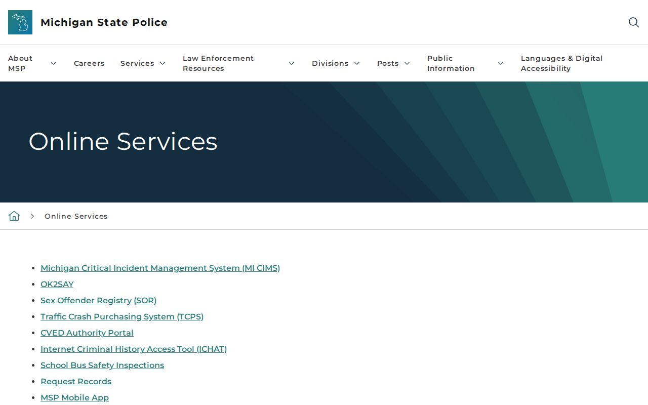 Genesee County criminal record links on the Michigan State Police online services menu
